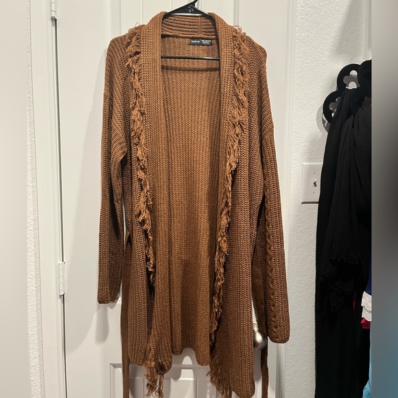 SHEIN Fringe Trim Drop Shoulder Belted Cardigan Size M - Picture 3 of 8